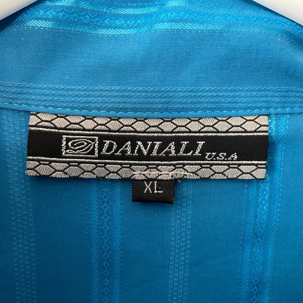 Daniali women’s XL aqua teal L/S zip-front shimmery striped blouse top - Picture 2 of 16
